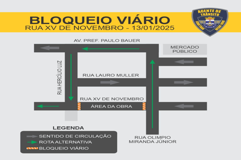 Itajaí,trânsito,interdição,Rua XV de Novembro,macrodrenagem,obras públicas,Codetran,rotas alternativas.