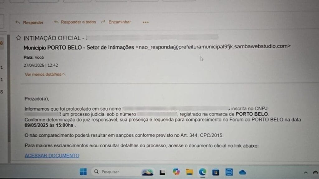 Porto Belo,e-mails falsos,intimação falsa,golpe digital,prefeitura de Porto Belo,setor de intimações,criminosos virtuais,links suspeitos,canal oficial,mensagens fraudulentas,segurança online,domínio oficial,alerta de golpe,autenticidade de e-mails,prefeitura alerta