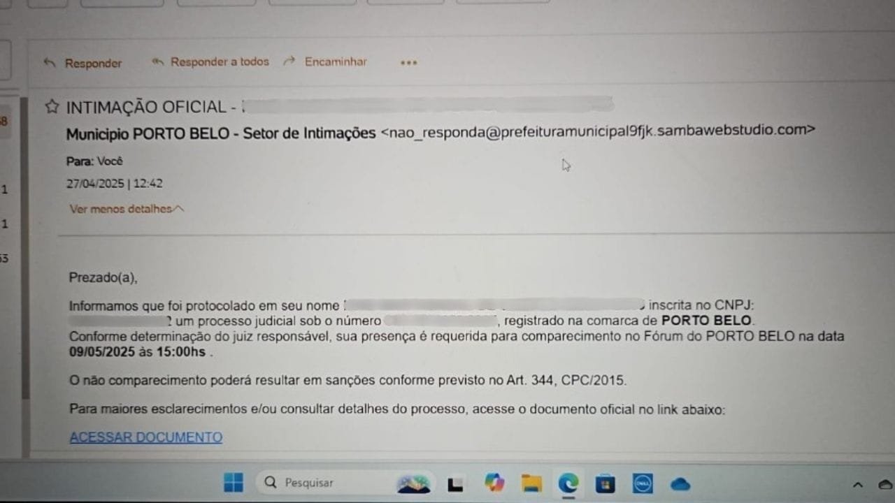 Porto Belo,e-mails falsos,intimação falsa,golpe digital,prefeitura de Porto Belo,setor de intimações,criminosos virtuais,links suspeitos,canal oficial,mensagens fraudulentas,segurança online,domínio oficial,alerta de golpe,autenticidade de e-mails,prefeitura alerta