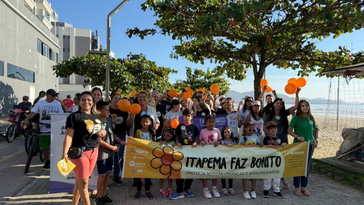 Itapema Faz Bonito,abuso infantil,exploração sexual de menores,campanha Maio Laranja,violência sexual infantojuvenil,caminhada contra abuso,proteção das crianças,mobilização social,denúncia de abuso,evento em Itapema,CRAS e CREAS,ação pública de conscientização,escuta e acolhimento infantil,assistência social Itapema,combate à violência sexual