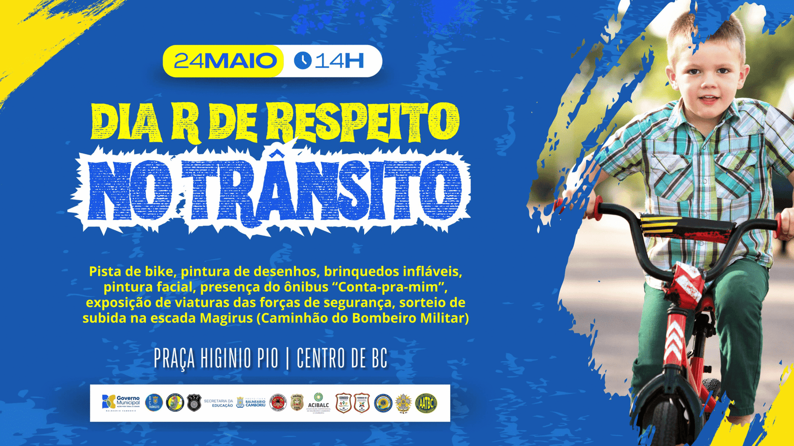 Maio Amarelo,respeito no trânsito,educação no trânsito,BC Trânsito,evento em Balneário Camboriú,campanha de trânsito,trânsito seguro,prevenção de acidentes,Escola Pública de Trânsito,escada Magirus,atividades educativas,comunidade no trânsito,segurança pública,mobilidade urbana,conscientização no trânsito